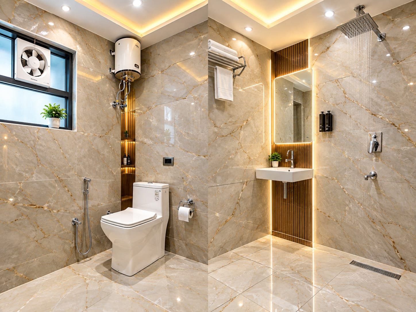 Private en-suite bathroom with rain shower, geyser water heater, and LED backlit mirror
