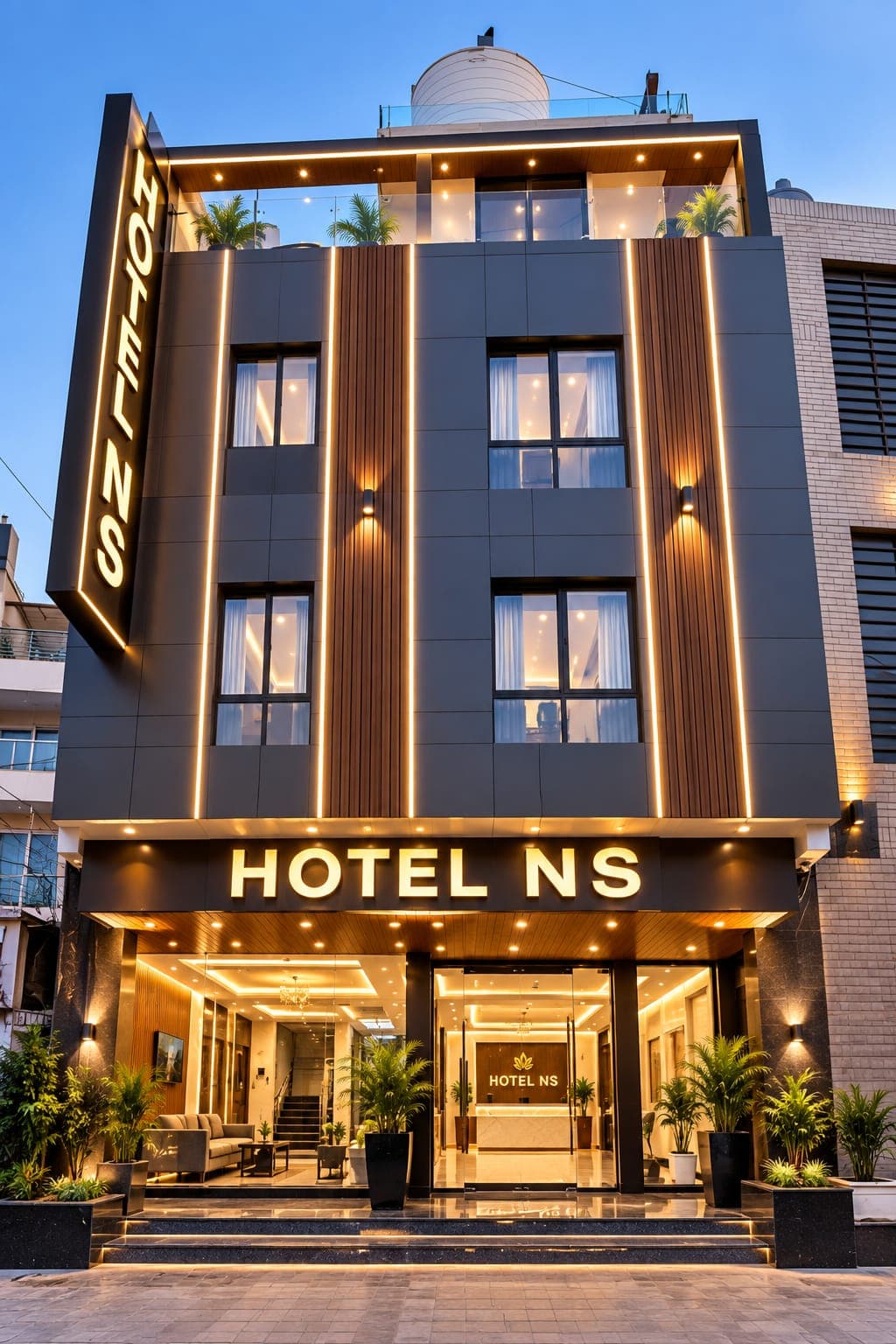 Hotel NS illuminated facade and entrance in Mahipalpur New Delhi near IGI Airport