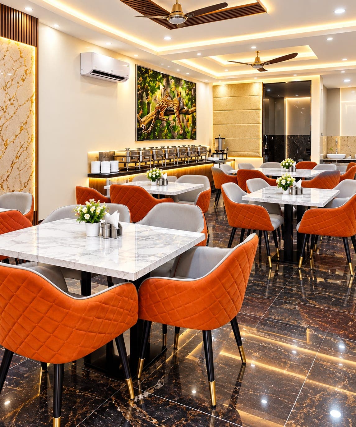 Hotel NS in-house restaurant buffet and dining room in Mahipalpur