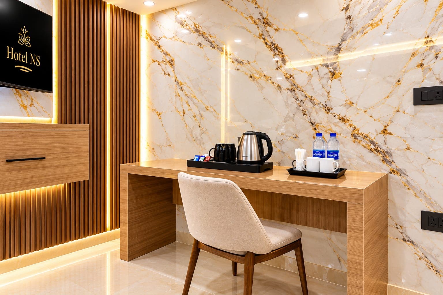 Guest room study desk with electric kettle, tea cups, and television