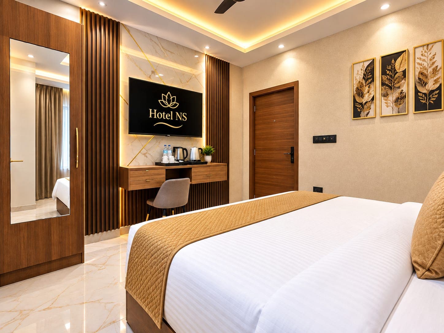 Standard bedroom interior showing bed, wardrobe, and wall-mounted television